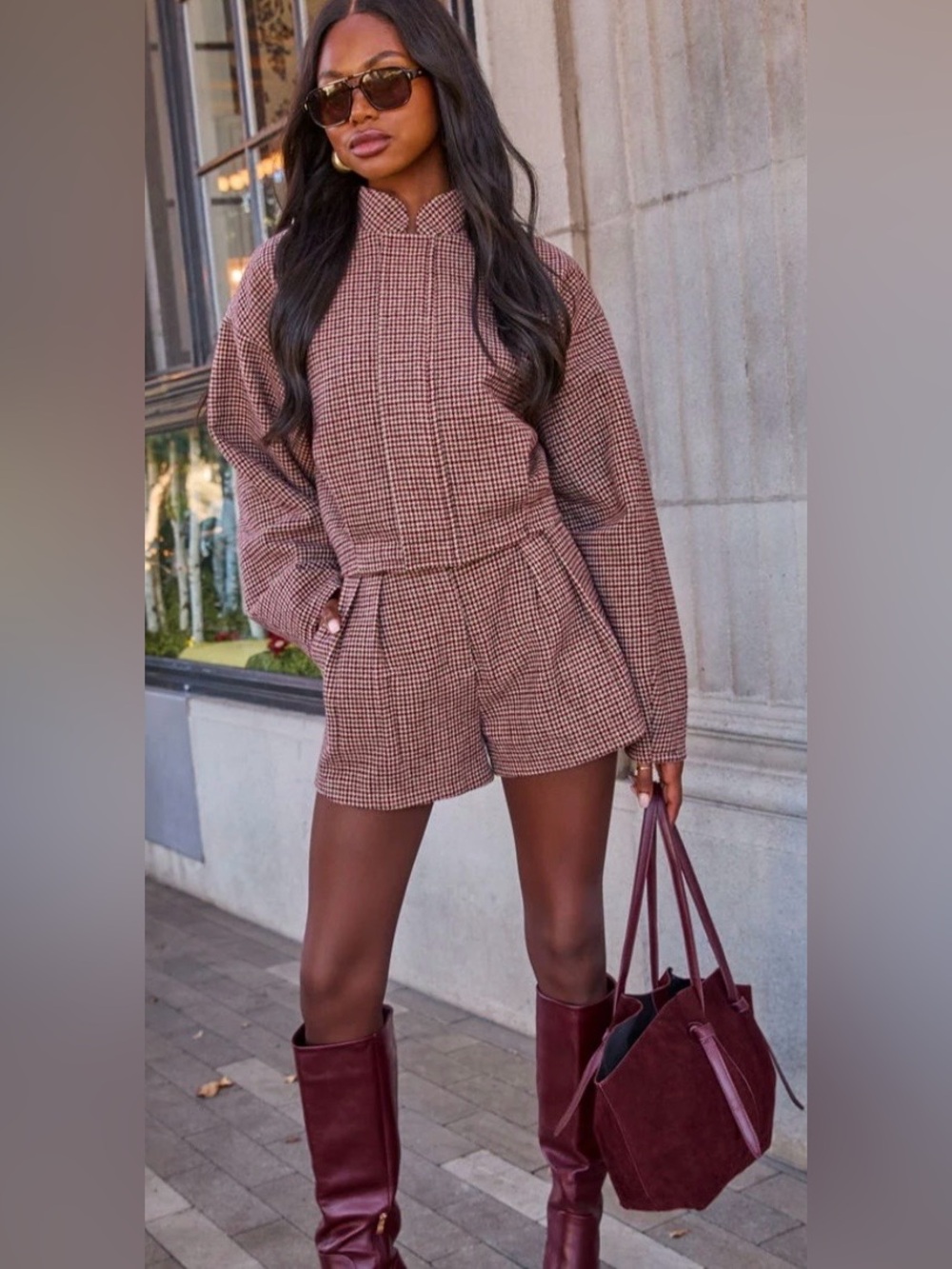 VICI Burgundy Multi City Agenda Plaid Houndstooth Funnel Neck Jacket S
